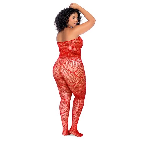 Sweet meets seductive in this heart-pattern fishnet bodystocking, where shimmering rhinest
