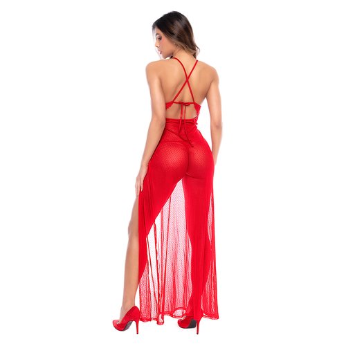 Sheer lace and mesh maxi dress with a plunging neckline and high side slit, paired with a