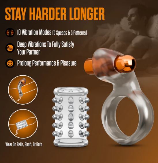 STAY HARD VIBRATING COCK RING SET W/SLEEVE - BN73409