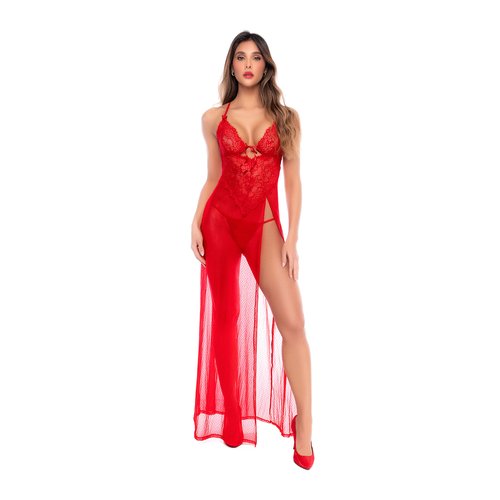 Sheer lace and mesh maxi dress with a plunging neckline and high side slit, paired with a