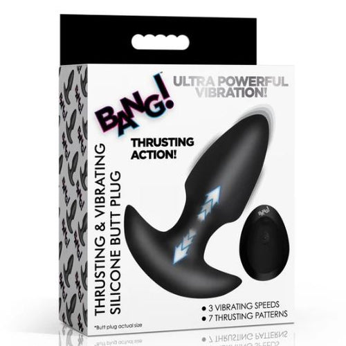 THRUSTING & VIBRATING SILICONE BUTT PLUG BLACK - XRAH832BLACK