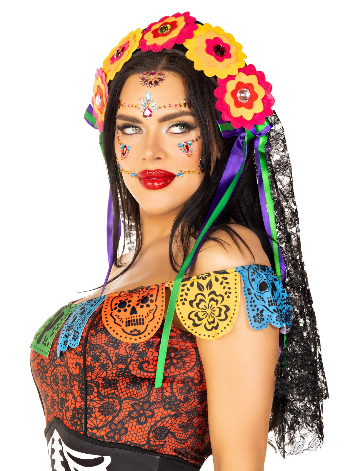 Day of the Dead Flower Headpiece with Lace Veil - A2726 10122