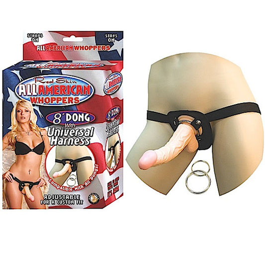 All American Whoppers 8in. Vibrating Dong with Universal Harness-Pinkfoxxx