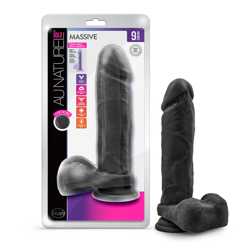 Blush Au Naturel Bold Massive 9 in. Posable Dual Density Dildo with Balls & Suction Cup Black-Pinkfoxxx