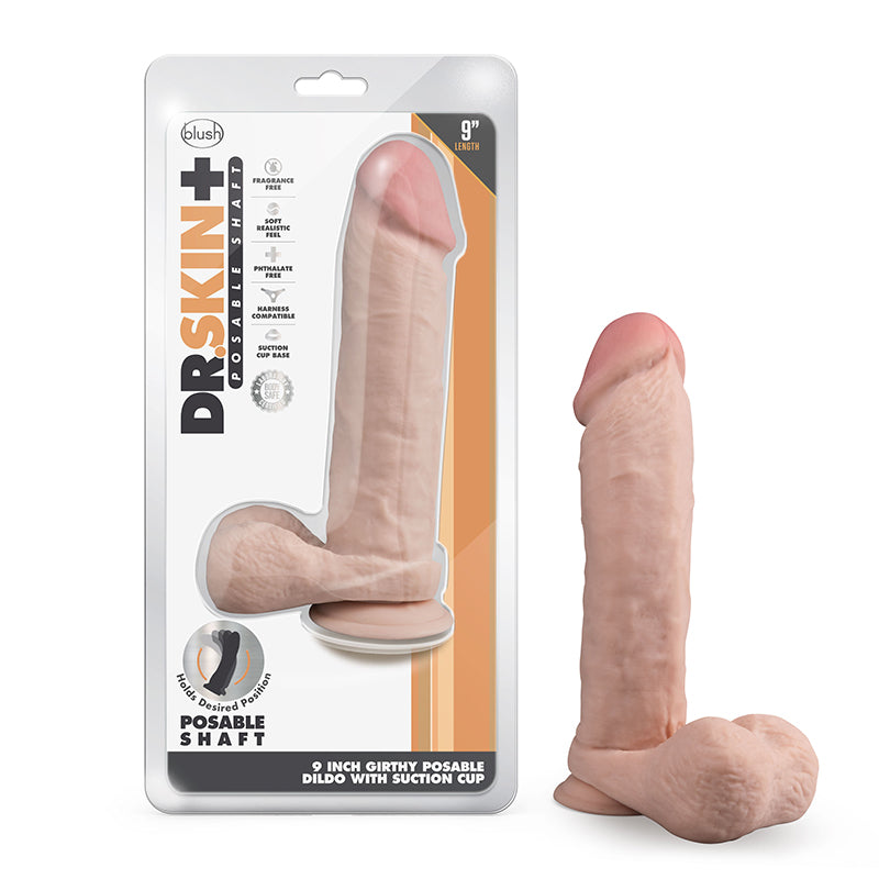 Blush Dr. Skin Plus Thick 9 in. Triple Density Posable Dildo with Balls & Suction Cup Beige-Pinkfoxxx