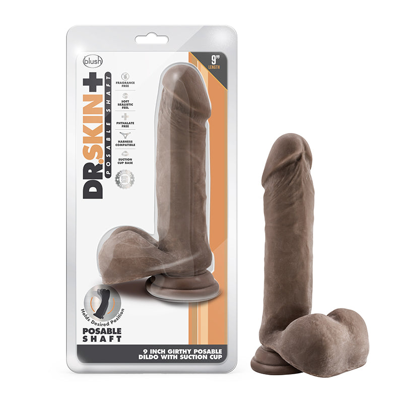 Blush Dr. Skin Plus Thick 9 in. Triple Density Posable Dildo with Balls & Suction Cup Brown-Pinkfoxxx