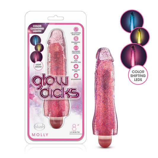 Blush Glow Dicks Molly Color Changing 8 in. Vibrating Dildo Glitter Pink-Pinkfoxxx