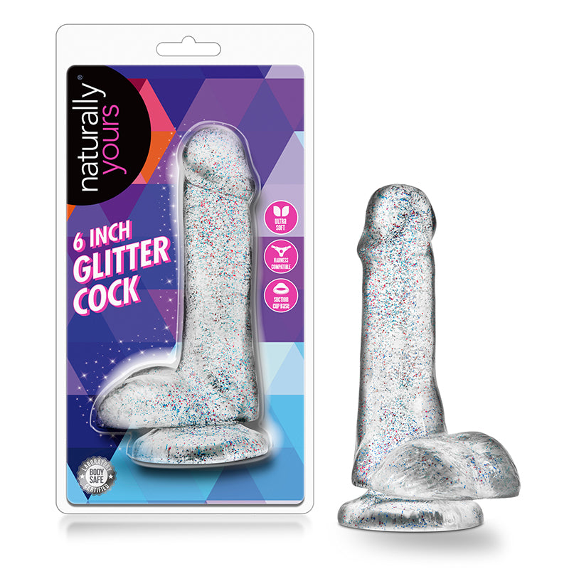 Blush Naturally Yours 6 in. Glitter Cock Realistic Dildo with Balls & Suction Cup Sparkling Clear-Pinkfoxxx