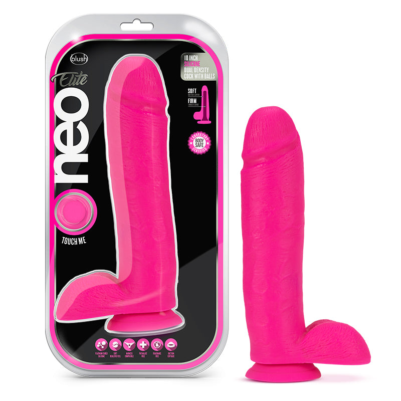 Blush Neo Elite 10 in. Silicone Dual Density Dildo with Balls & Suction Cup Neon Pink-Pinkfoxxx