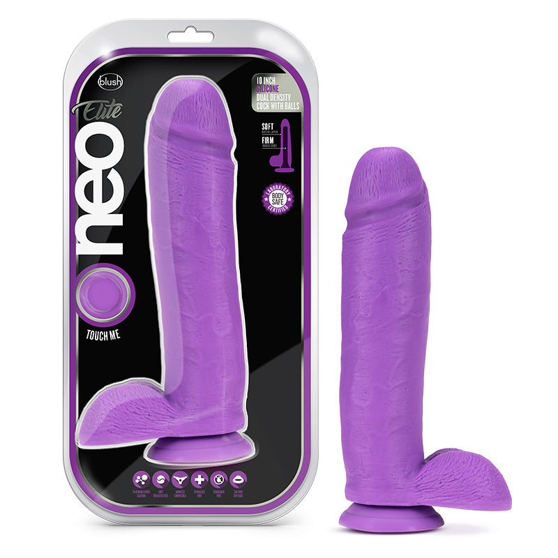 Blush Neo Elite 10 in. Silicone Dual Density Dildo with Balls & Suction Cup Neon Purple-Pinkfoxxx