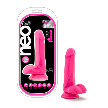 Blush Neo Elite 6 in. Silicone Dual Density Dildo with Balls & Suction Cup Neon Pink-Pinkfoxxx