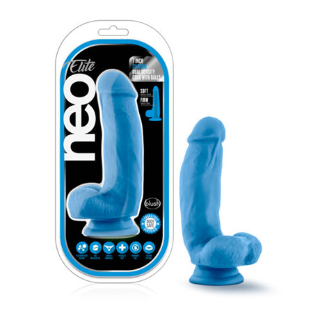 Blush Neo Elite 7 in. Silicone Dual Density Dildo with Balls & Suction Cup Neon Blue-Pinkfoxxx