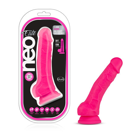 Blush Neo Elite 7.5 in. Silicone Dual Density Dildo with Balls & Suction Cup Neon Pink-Pinkfoxxx
