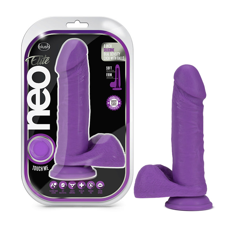Blush Neo Elite 8 in. Silicone Dual Density Dildo With Balls & Suction Cup Neon Purple-Pinkfoxxx