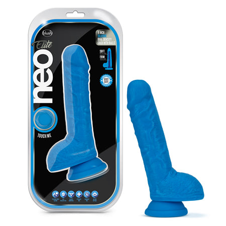 Blush Neo Elite 9 in. Silicone Dual Density Dildo with Balls & Suction Cup Neon Blue-Pinkfoxxx
