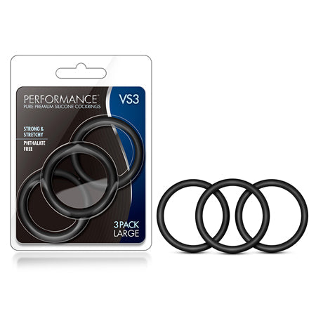Blush Performance VS3 Pure Premium Silicone Cockrings 3-Pack Large Black-Pinkfoxxx