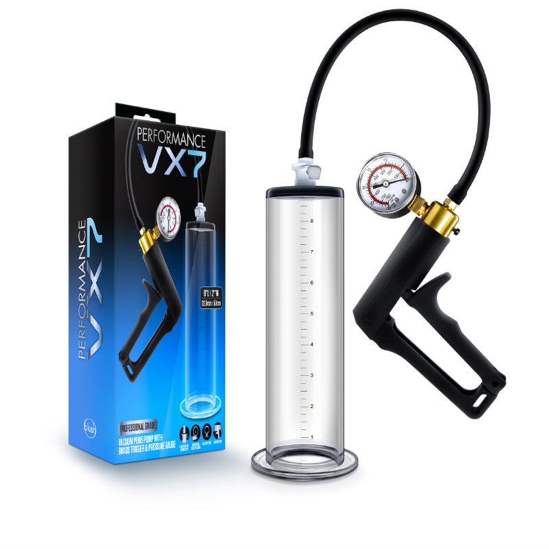 Blush Performance VX7 Vacuum Penis Pump with Brass Trigger & Pressure Gauge Clear-Pinkfoxxx