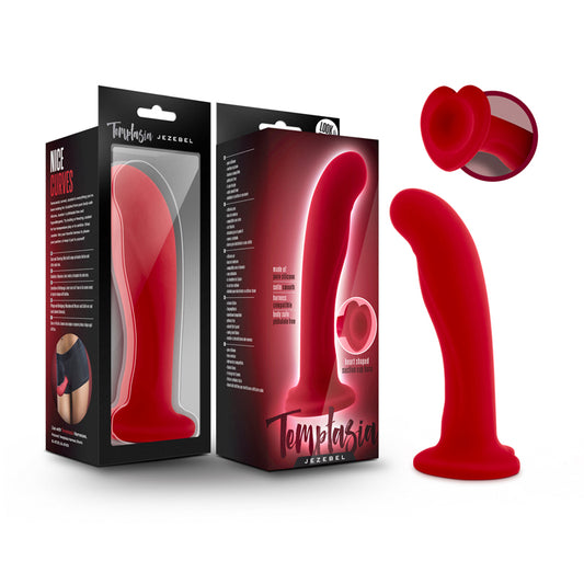Blush Temptasia Jezebel 6 in. Curved Silicone Dildo with Heart-Shaped Suction Cup Crimson-Pinkfoxxx