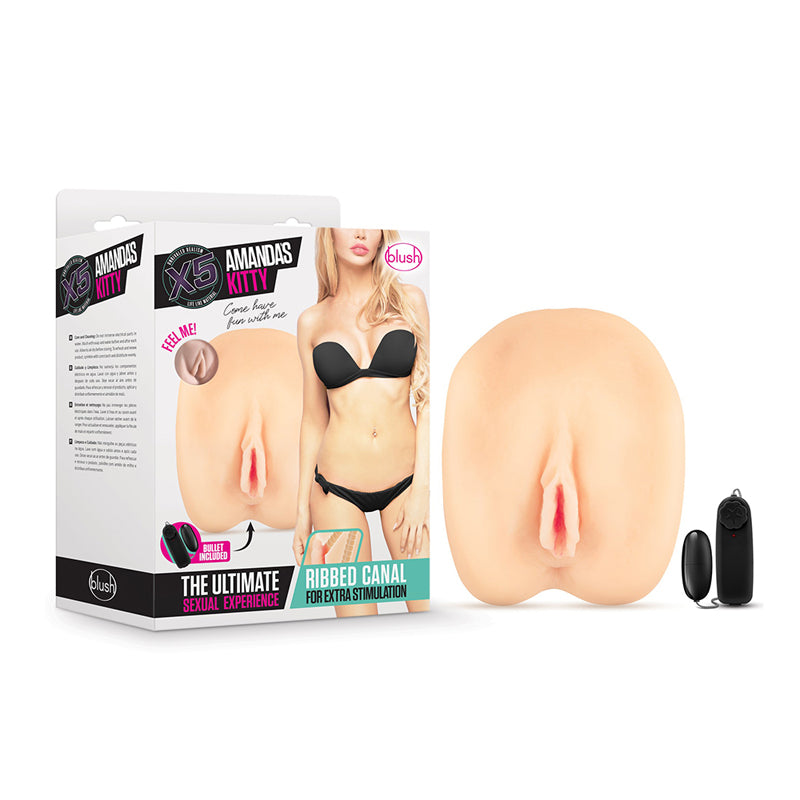 Blush X5 Men Amanda's Kitty Dual Entry Masturbator with Remote-Controlled Bullet Vibrator Beige-Pinkfoxxx
