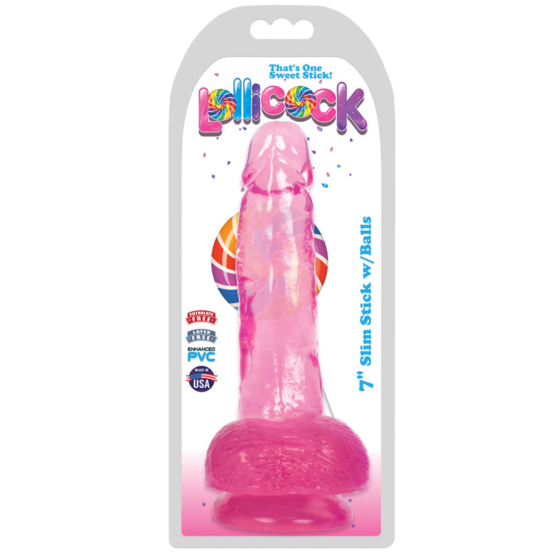 Curve Toys Lollicock Slim Stick 7 in. Dildo with Balls & Suction Cup Cherry Ice-Pinkfoxxx