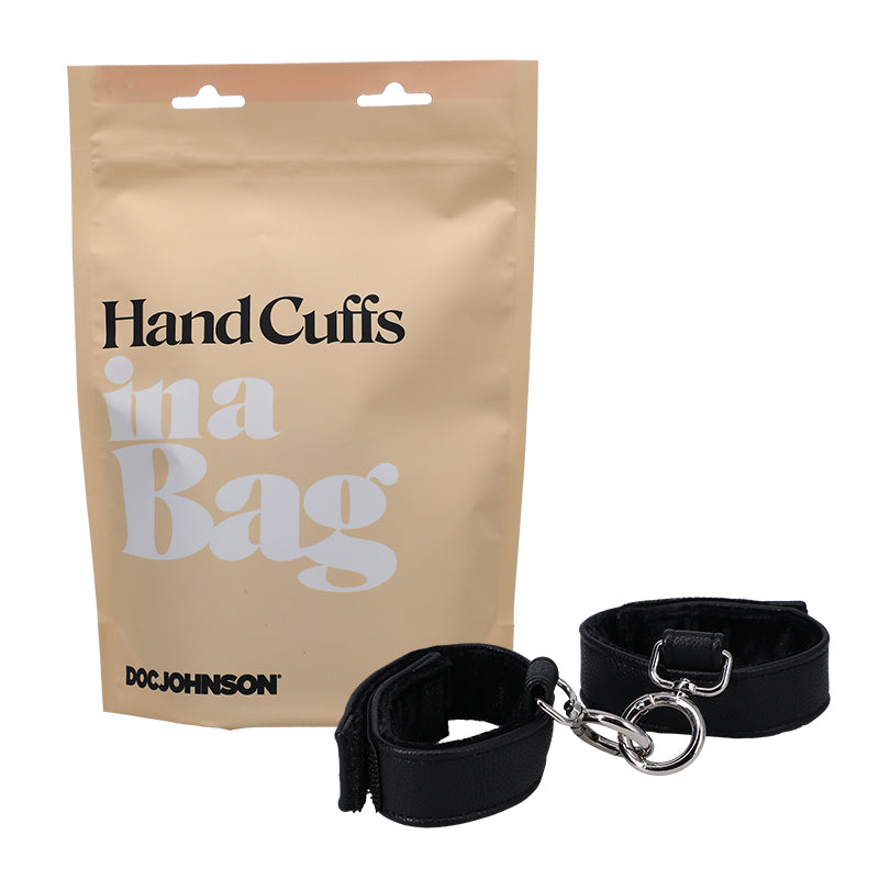Doc Johnson Hand Cuffs In A Bag Faux Leather Velcro Black-Pinkfoxxx