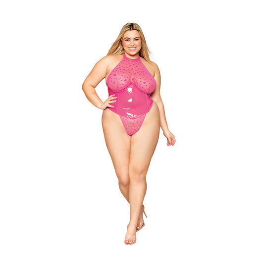 Dreamgirl Heart Print Halter G-string Teddy with Wetlook Corset Detail Peony 1XL-Pinkfoxxx