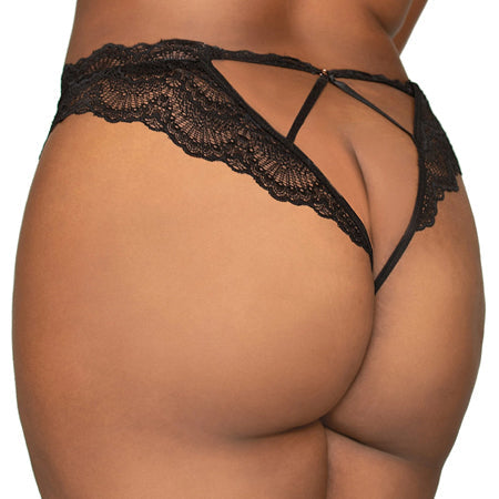 Dreamgirl Lace Tanga Open-Crotch Panty and Elastic Open Back Detail Black 3X Hanging-Pinkfoxxx