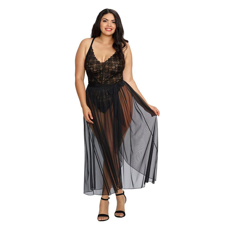 Dreamgirl Plus-Size Stretch Lace Teddy & Sheer Mesh Maxi Skirt With Adjustable Straps & G-String Black Queen 2X Hanging-Pinkfoxxx