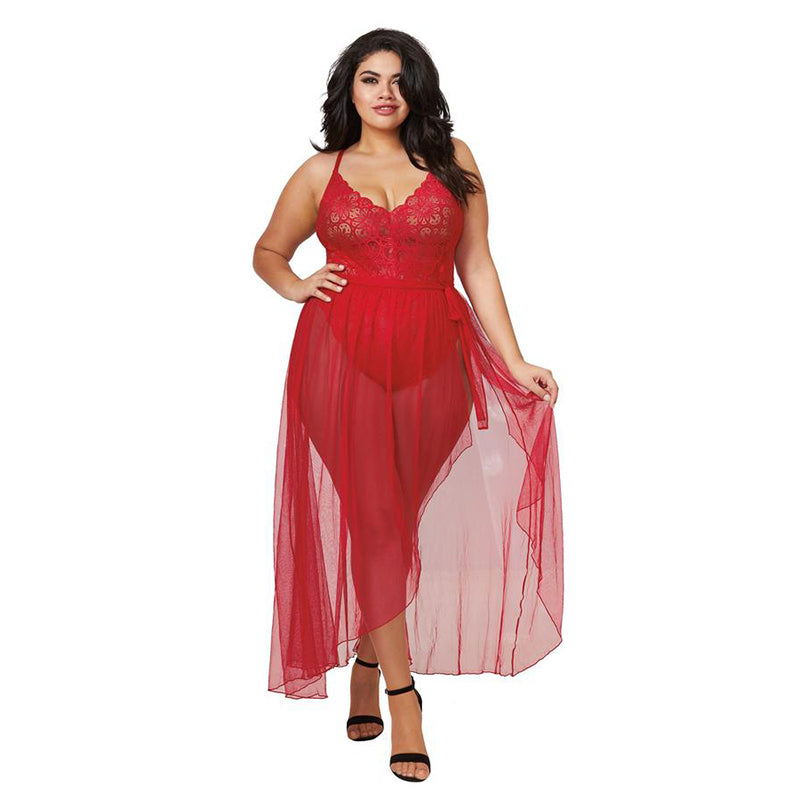 Dreamgirl Plus-Size Stretch Lace Teddy & Sheer Mesh Maxi Skirt With Adjustable Straps & G-String Rouge Queen 3X Hanging-Pinkfoxxx