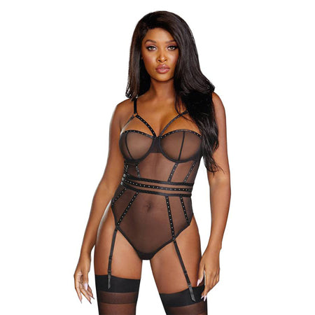 Dreamgirl Sheer Stretch Mesh Snap Crotch Teddy With Removable Garters Black Small Hanging-Pinkfoxxx