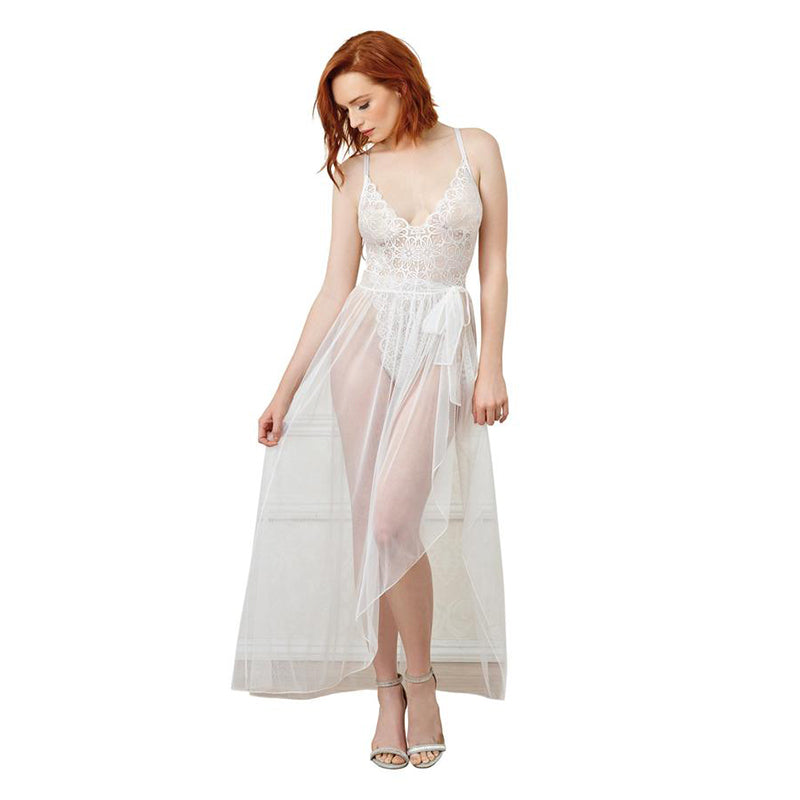 Dreamgirl Stretch Lace Teddy & Sheer Mesh Maxi Skirt With Adjustable Straps & G-String Hanging