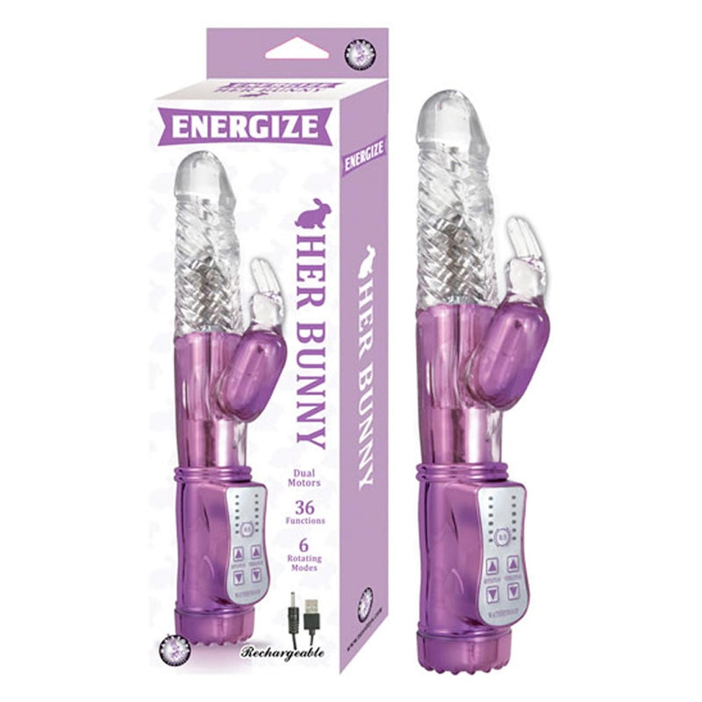 Energize Her Bunny 1 36 Function 6 Rotating Modes Dual Motor USB Rechargeable Purple-Pinkfoxxx