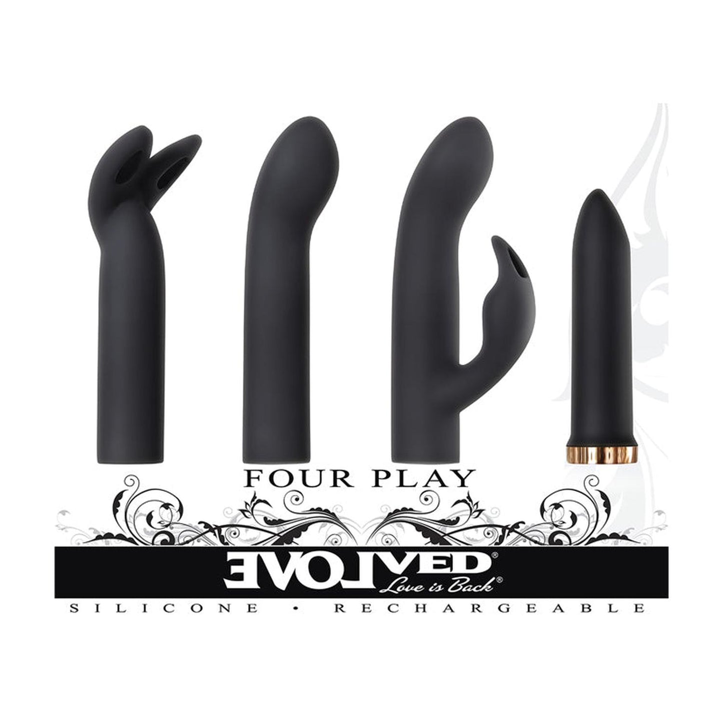 Evolved Four Play Rechargeable Silicone Bullet Vibrator and 3-Piece Sleeve Set Black-Pinkfoxxx