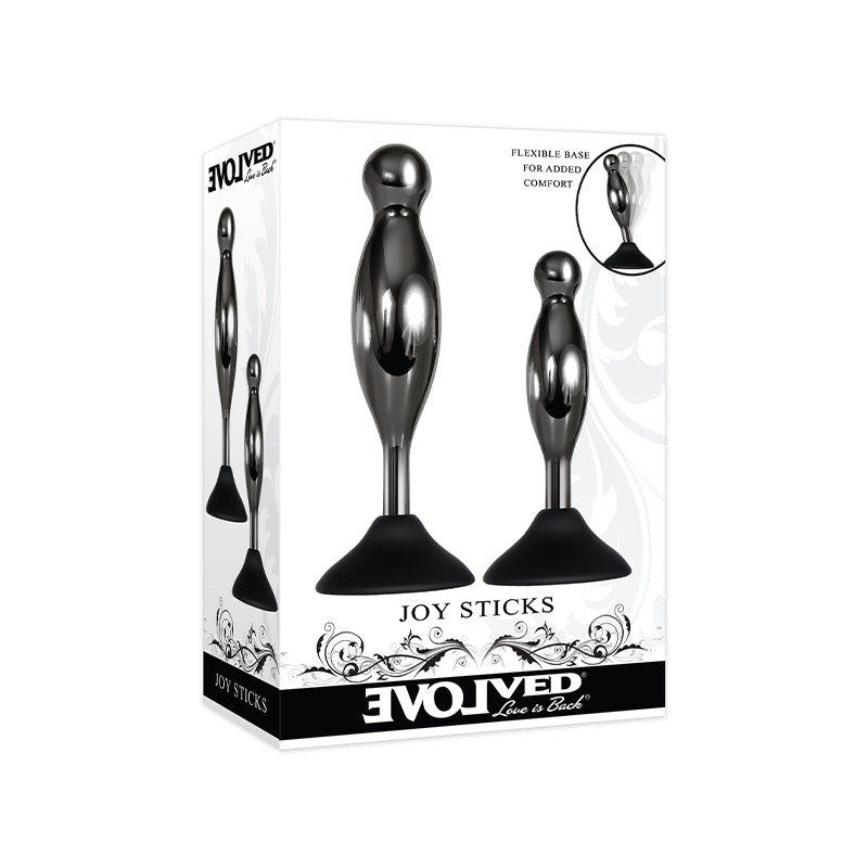 Evolved Joy Sticks 2-Piece Metal Anal Plug With Suction Cup Base Set Black-Pinkfoxxx