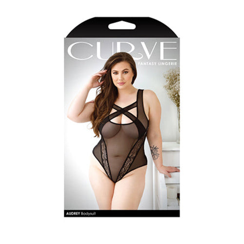 Fantasy Lingerie Curve Audrey Criss-Cross Mesh Bodysuit With Lace Panel Detail & Snap Closure Black-Pinkfoxxx