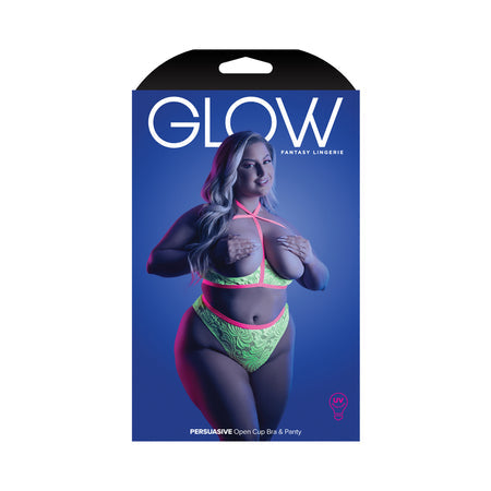 Fantasy Lingerie Glow Persuasive Contrast Elastic Open Cup Lace Cage Bra & Panty Neon Green-Pinkfoxxx