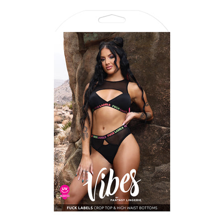 Fantasy Lingerie Vibes Fuck Labels Keyhole Top & High Waist Bottoms with UV Reactive Elastic Black-Pinkfoxxx