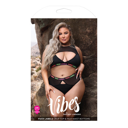 Fantasy Lingerie Vibes Fuck Labels Keyhole Top & High Waist Bottoms with UV Reactive Elastic Black-Pinkfoxxx