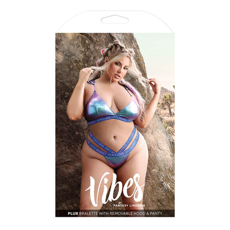 Fantasy Lingerie Vibes Plur Holographic Bralette with Removable Hood & Panty Aqua Holo-Pinkfoxxx