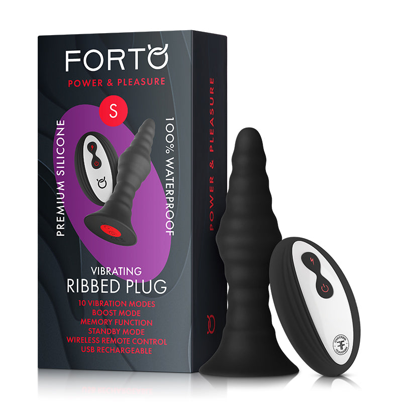 Forto Vibrating Ribbed Plug Rechargeable Remote-Controlled Silicone Anal Plug Black-Pinkfoxxx