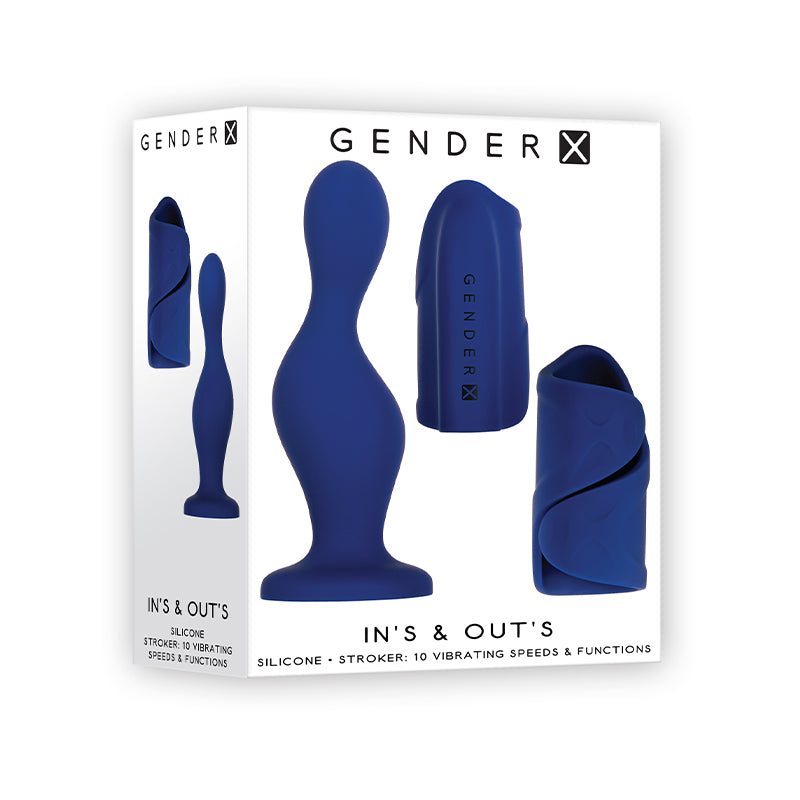 Gender X In's & Out's Rechargeable 5 in. Silicone Dildo and Vibrating Silicone Stroker Set Blue-Pinkfoxxx