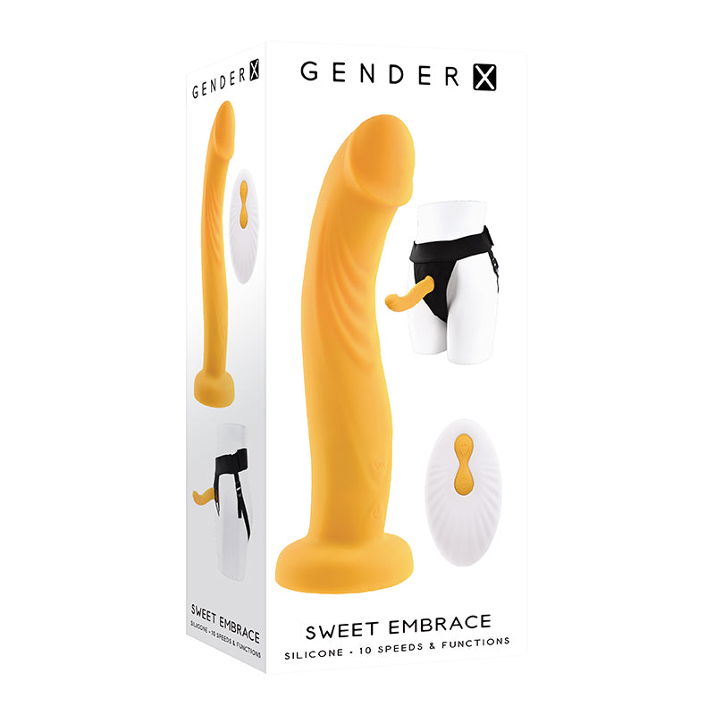 Gender X Sweet Embrace Rechargeable Remote-Controlled Vibrating 7 in. Silicone Dildo and Jock-Style Strap-On Harness Set Yellow/Black-Pinkfoxxx