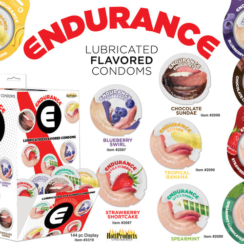 ENDURANCE FLAVORED CONDOMS ASST FLAVORS 144 PCS WALL MOUNT
