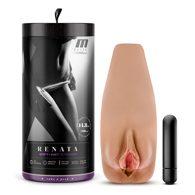M Elite Soft + Wet Renata Vagina Stroker with Bullet Vibrator Tan-Pinkfoxxx