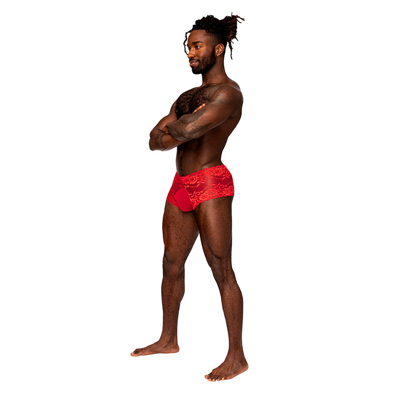 Male Power Sassy Lace Mini Short Sheer Pouch Red XL-Pinkfoxxx