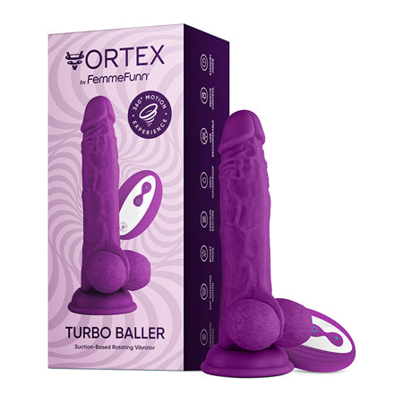 FemmeFunn Vortex Turbo Baller 2.0 Rechargeable Remote-Controlled 8.25 in. Silicone Vibrating Rotating Dildo with Balls & Suction Cup Purple