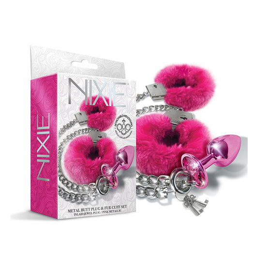 Nixie Metal Butt Plug & Furry Handcuff Set Medium Pink Metallic-Pinkfoxxx
