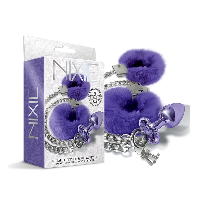 Nixie Metal Butt Plug & Furry Handcuff Set Medium Purple Metallic-Pinkfoxxx