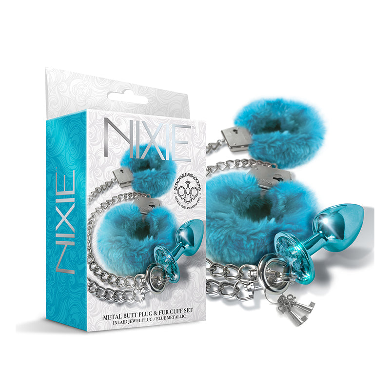 Nixie Metal Butt Plug & Furry Handcuff Set Medium???¡Blue Metallic