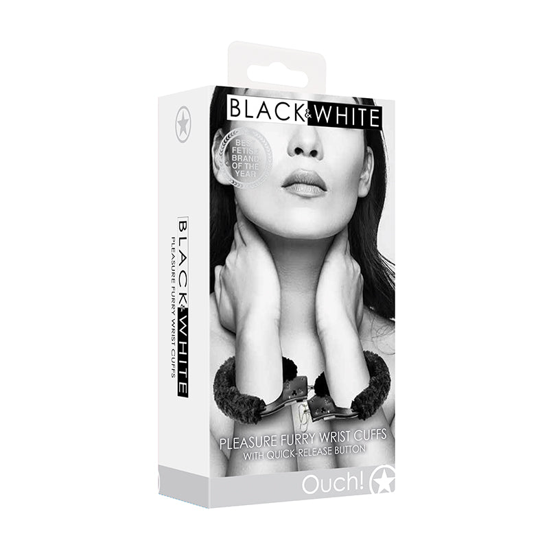 Ouch! Black & White Beginner Pleasure Furry Wrist Cuffs With Quick-Release Button Black-Pinkfoxxx